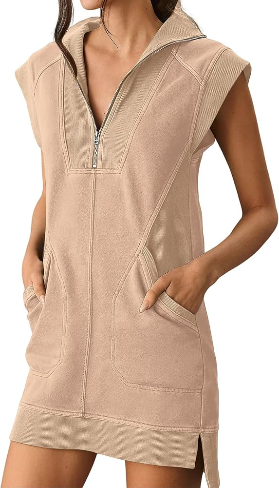 Women Sleeveless Zip Up Collared Mini Dress Casual Solid Pullover Sweatshirt Tunic Top with Pocke... | Amazon (US)
