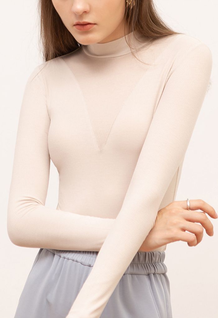 V-Shadow Mock Neck Fitted Top in Cream | Chicwish