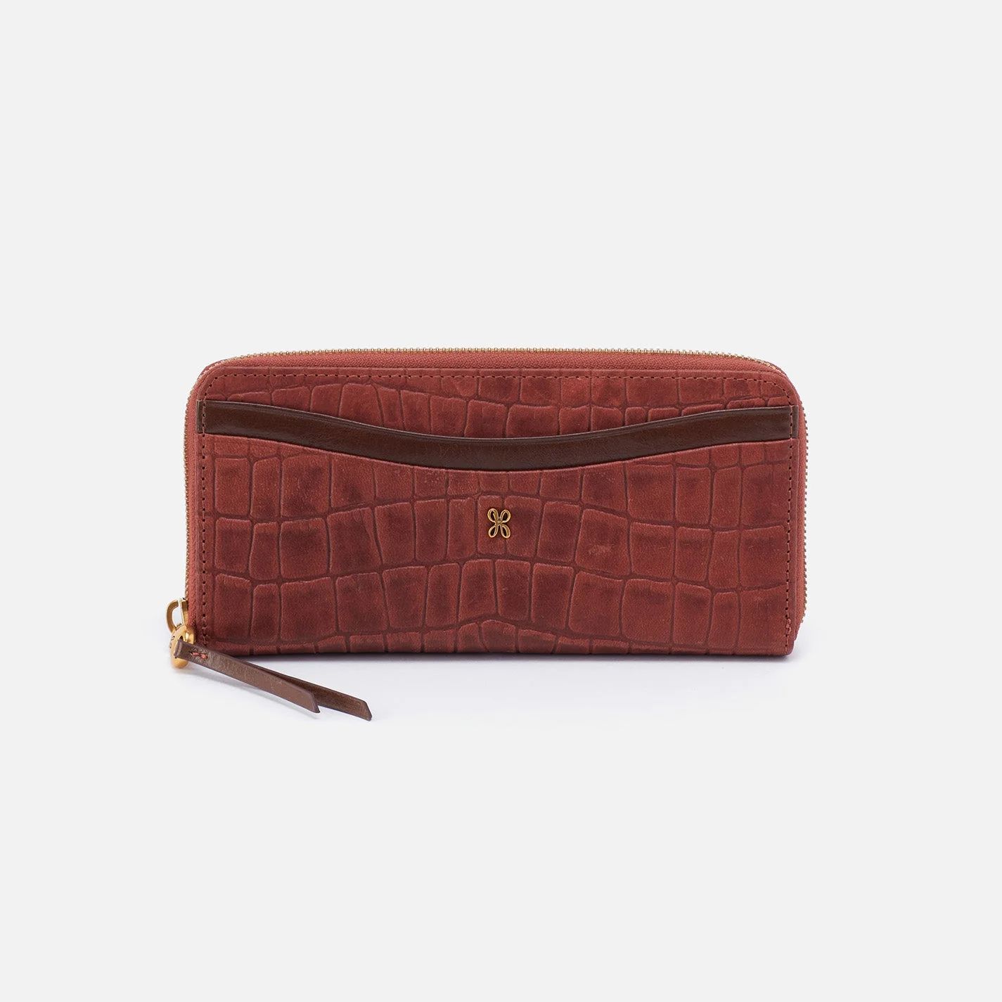 Max Large Zip Around Continental Wallet in Croco Embossed Leather - Brandy | HOBO Bags