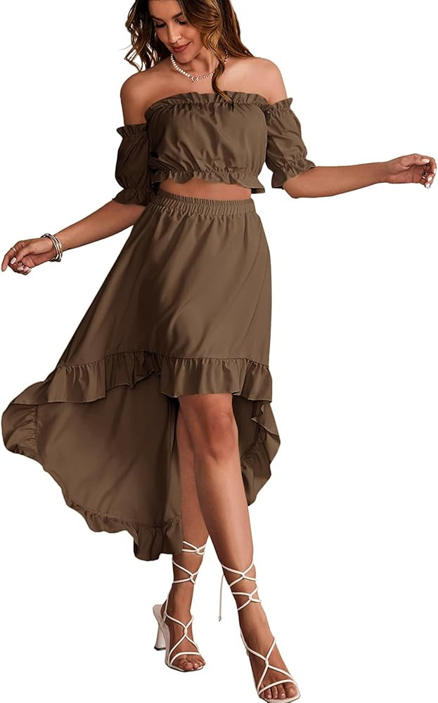 LYANER Women's Two Pieces Outfits Off Shoulder Crop Top and High Low Skirt Set | Amazon (US)