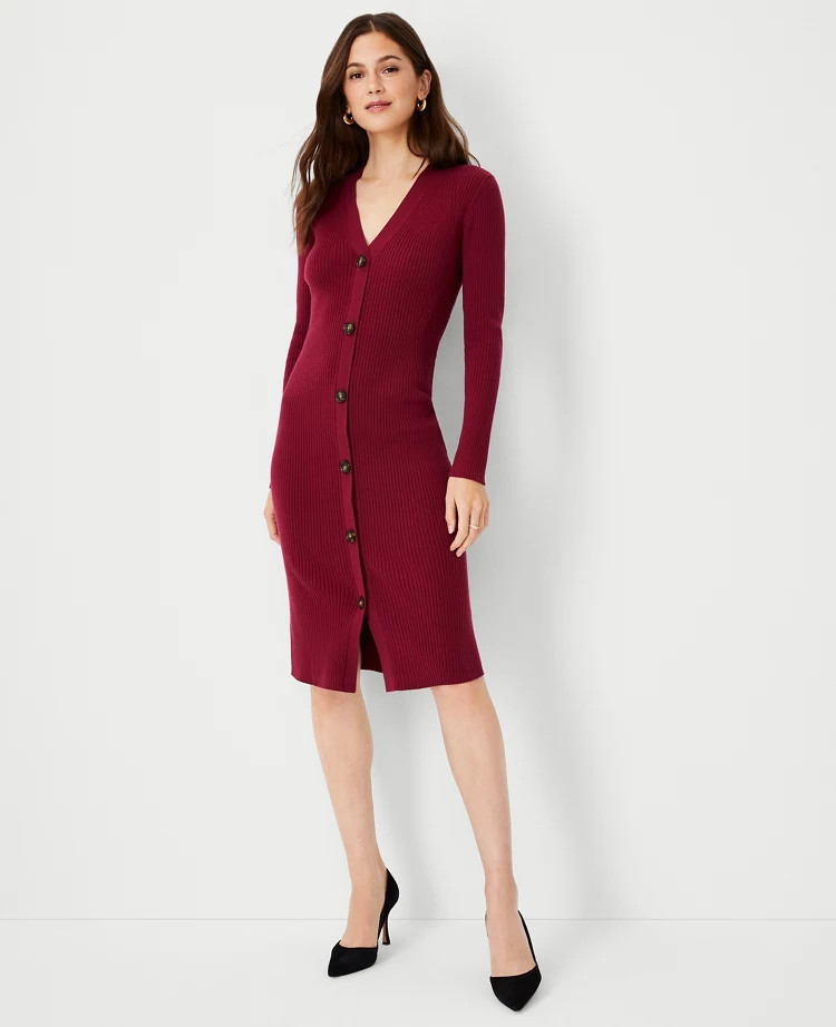 Ribbed Button Trim Sweater Dress | Ann Taylor (US)