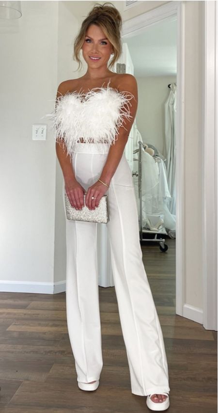Jumpsuit, bride, bridal, two piece outfit, pants, feather top, white pants. White outfit, bride outfit, bridal shower, engagement, rehearsal dinner outfit, reception outfit, party outfit, set, 

#LTKwedding #LTKstyletip #LTKunder100