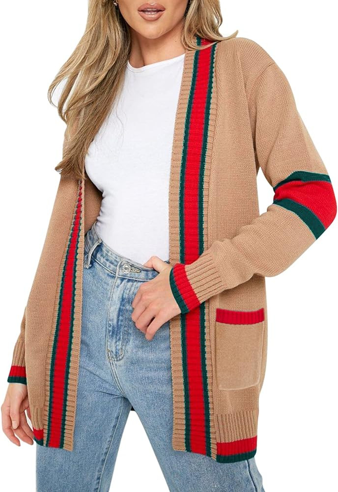 Viottiset Women's Oversized Open Front Long Cardigan Knit Sweater Color Block Cardigans Pocket | Amazon (US)