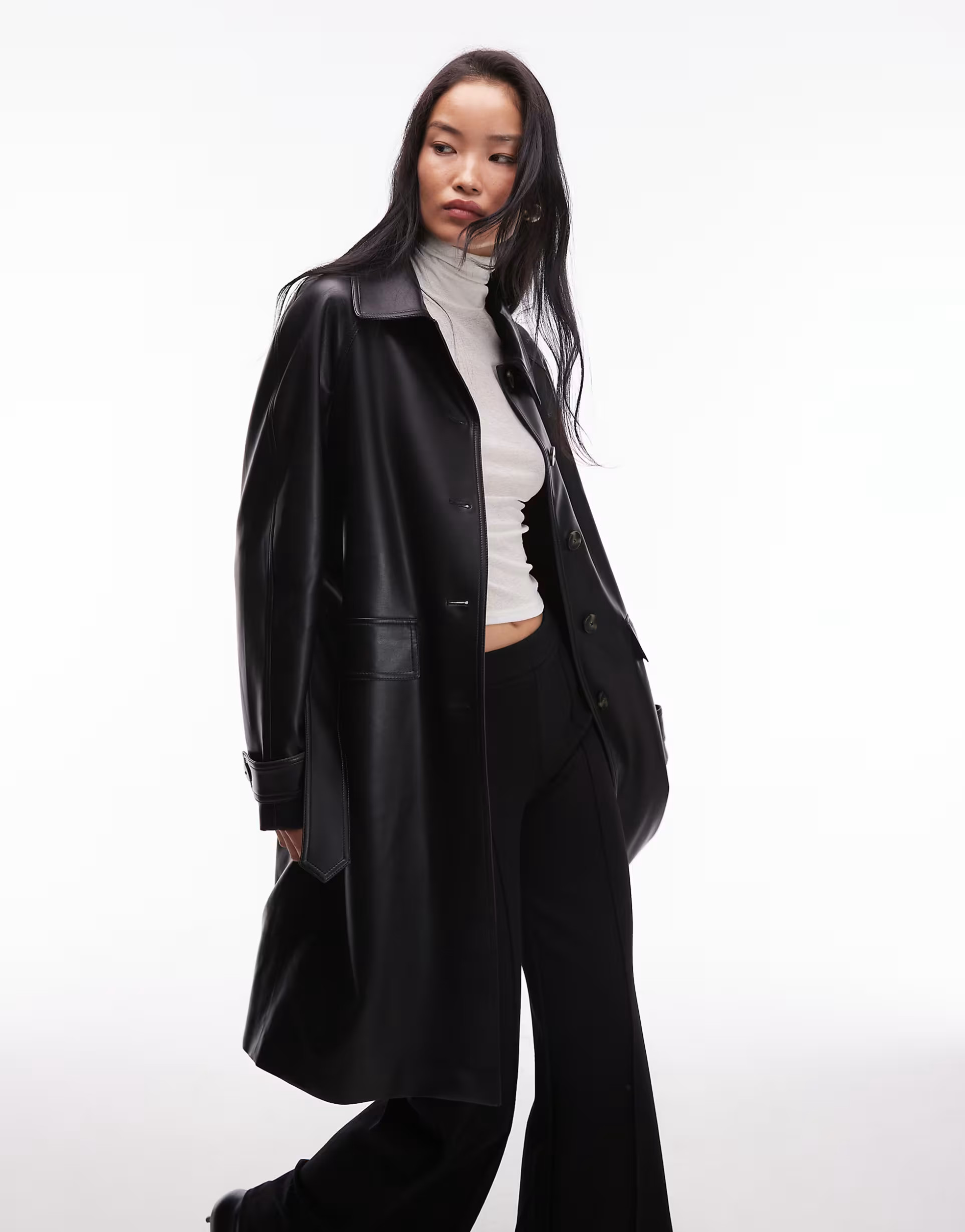 Mango faux leather belted trench coat in black | ASOS (Global)