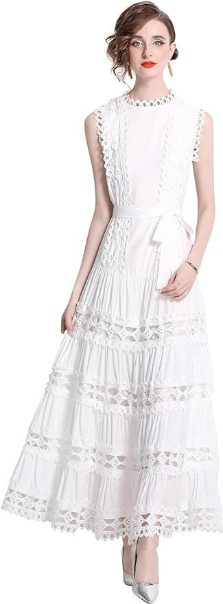 LAI MENG FIVE CATS Women Sleeveless Hollow Out Maxi Dress Casual Wedding Guest Long Dress with Be... | Amazon (US)
