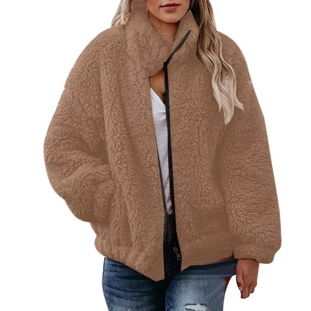 Womens Sherpa Jacket Winter Fuzzy Long Sleeve Warm Clothing Thicker Outerwear with Pockets | Walmart (US)