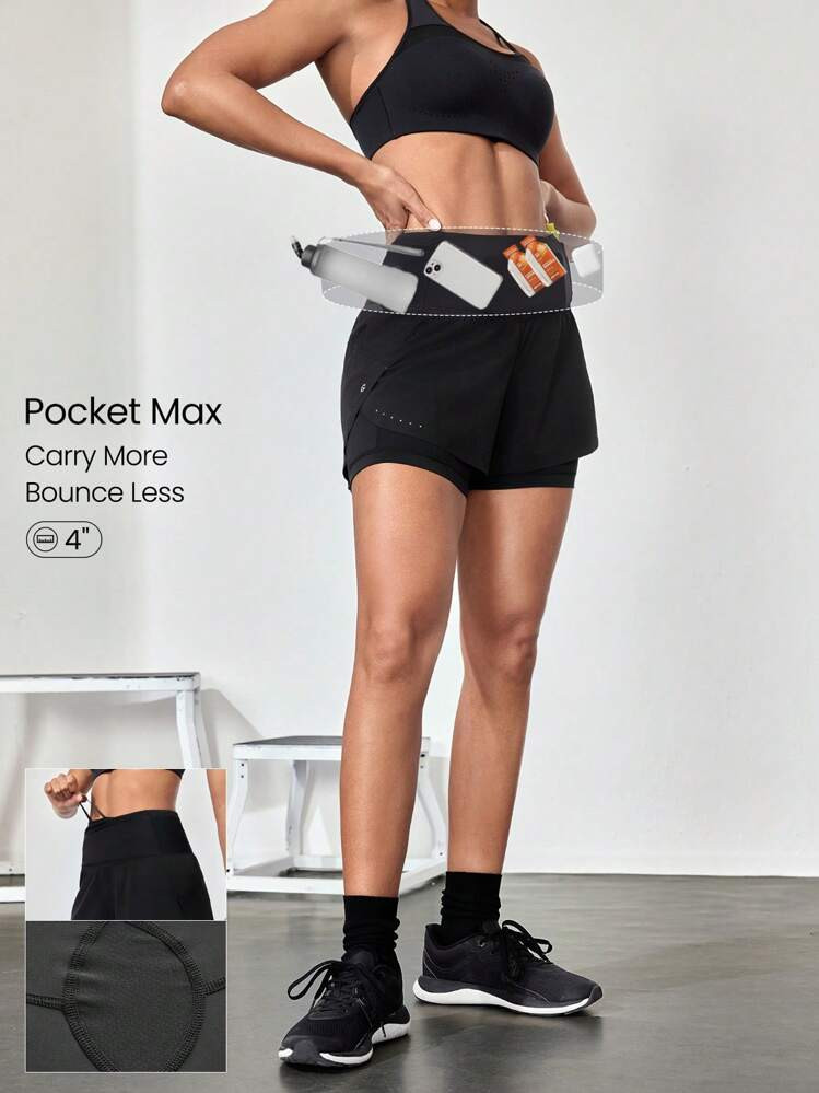 GLOWMODE Short De Corrida VitalSwift De Secagem Rápida Ultraleve Canguru Com Bolsos Múltiplos, Cintura Alta, Cordão Ajustável Na Cintura, Com Calcinha Antiodor Embutida Para Exercícios, Corrida E Treinamento, 4" | SHEIN