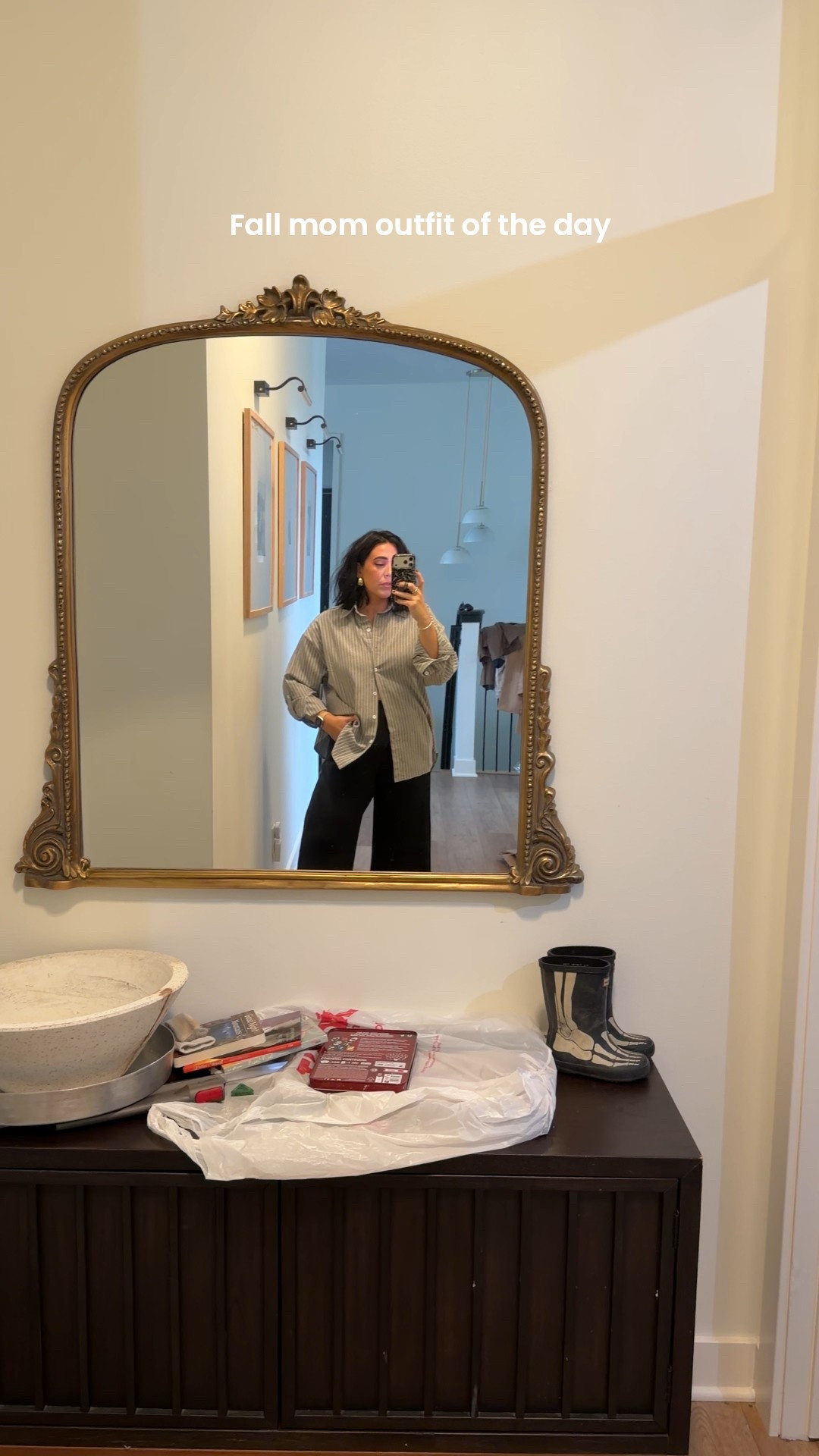 Easy and cool mom fall outfit of the day. Elevate lounge! Button down size L, pants size L regular. I’m 5’4 size 10. Code ninaxspanx for the pants. 

#LTKStyleTip #LTKMidsize #LTKSeasonal