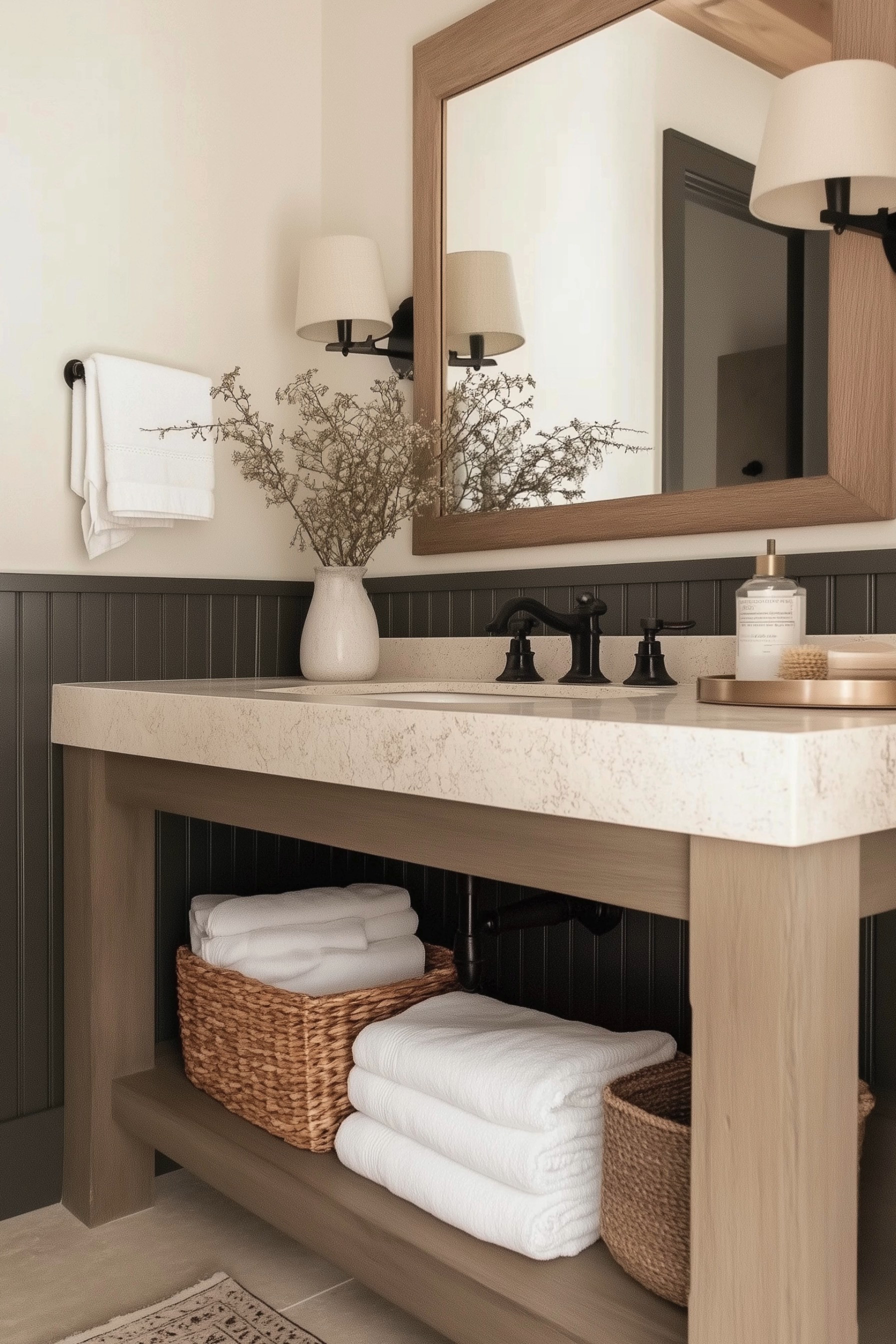 Cozy Neutral Bathroom Refresh — an organic modern vanity with a marble-look countertop, open wood base, and deep olive beadboard wainscoting. The space features a black widespread faucet, wood-framed mirror, classic fabric-shade sconces, woven storage baskets with plush white towels, and a brass tray with soap and brush. A ceramic vase with airy branches and a vintage-style rug complete this warm, collected powder room.

🖤 If you want to see more content like this, FOLLOW maeveandmodern on LTK, Instagram, and Pinterest! Check out our blog where we post daily, maeveandmodern.com!

Neutral bathroom decor | Organic modern bathroom | Beadboard wainscoting | Marble vanity top | Open shelf vanity | Black widespread faucet | Wood framed mirror | Sconce lighting with shades | Woven baskets storage | Rolled white towels | Brass tray styling | Ceramic vase with branches | Vintage runner rug | Cozy spa powder room | Warm earthy tones
  

 

#LTKHome #LTKSaleAlert #LTKFindsUnder100 #LTKSeasonal #LTKHome #LTKSaleAlert
