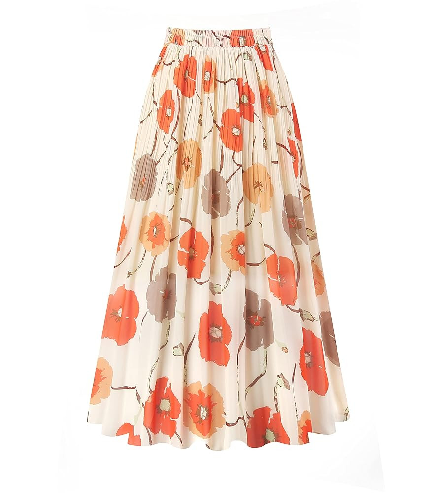 Kingfancy Women's Pleated Skirt Chiffon Elastic Waist A-Line Midi Length Skirt | Amazon (US)