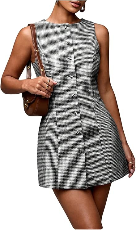 SOLY HUX Women's Plaid Button Down Dress Crew Neck Sleeveless Tie Back Work Office Mini Dresses | Amazon (US)