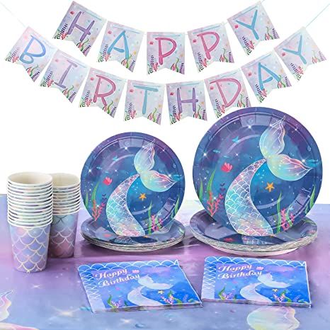 Sharlity Mermaid Birthday Party Supplies Serve 24, Including Paper Plates Cups Napkins Tablecloth... | Amazon (US)