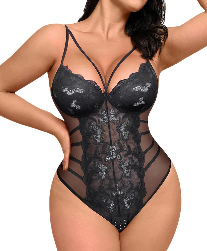 FeelinGirl Lace Shapewear Bodysuits for Women V Neck Sleeveless Tops Tummy Control Body Suits Tho... | Amazon (US)
