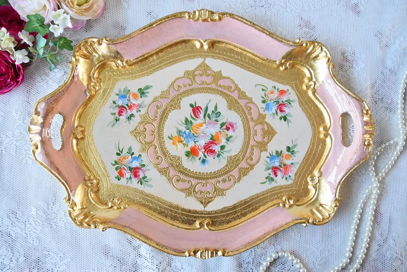 Florentine decorative tray, Vintage Pink Tray, Vintage Gold Tray, Ornate Small Tray for Table, Pi... | Etsy (US)