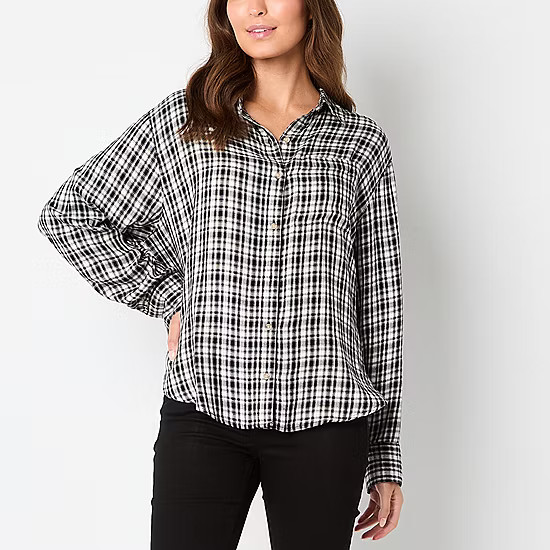 new!a.n.a Plaid Womens Long Sleeve Regular Fit Button-Down Shirt | JCPenney