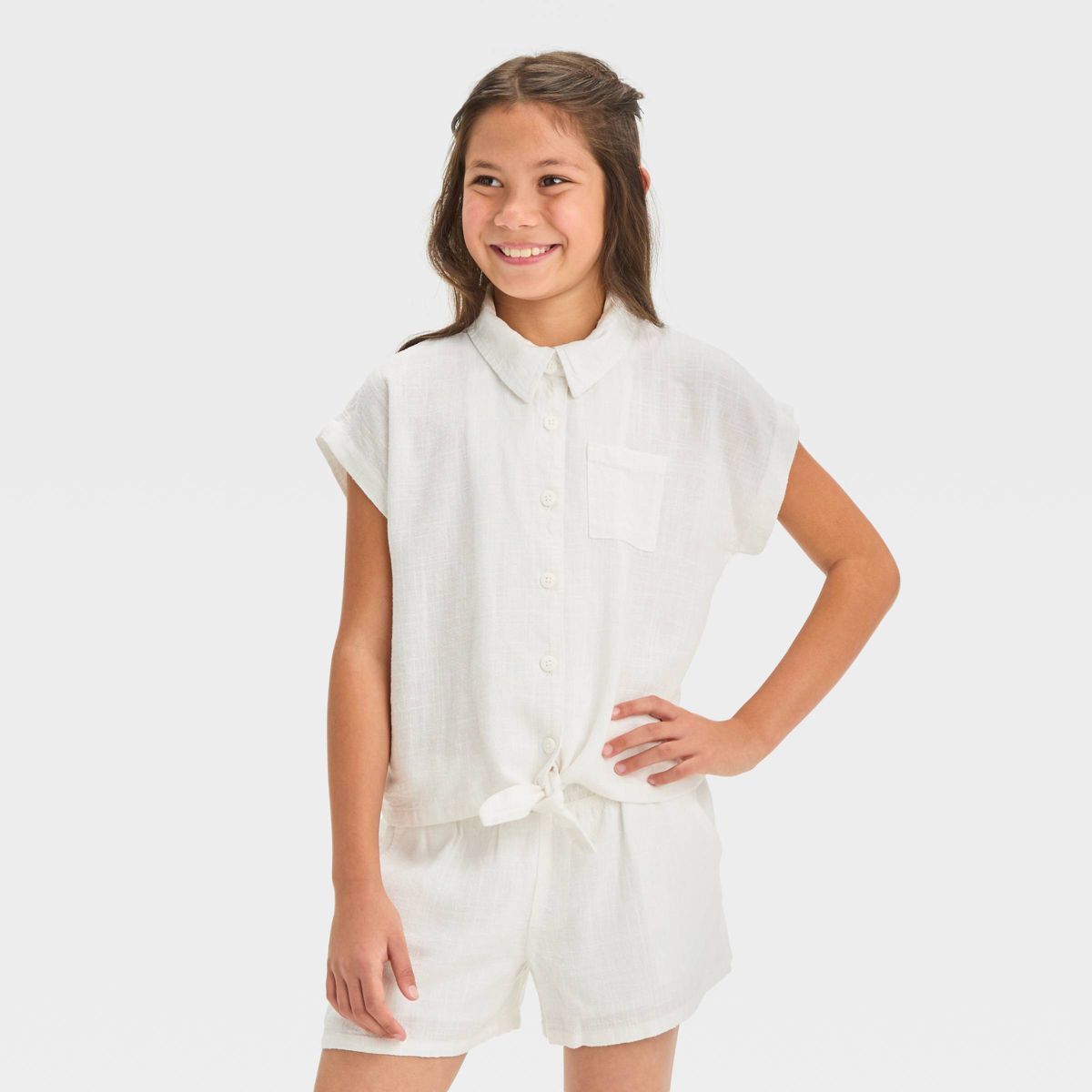 Girls' Short Sleeve Button-Down Linen Shirt - Cat & Jack™ | Target
