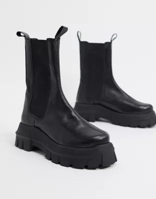ASOS DESIGN Aqum premium leather chunky chelsea boots in black | ASOS | ASOS (Global)