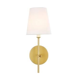 Timeless Home Mercy 5.5 in. W x 15 in. H 1-Light Brass and White Shade Wall Sconce | The Home Depot