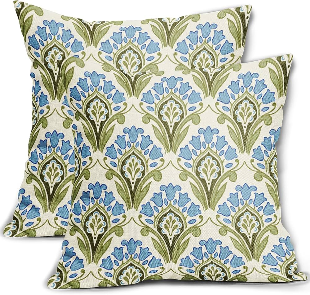 Blue Green Pillow Covers 18x18 Set of 2 Blue Flower Green Leaves Vintage Print Decorative Outdoor... | Amazon (US)