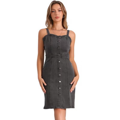 INSPIRE CHIC Women's Button Down Sweetheart Neckline Sleeveless Summer Knee Length Denim Bodycon Sundress Small Gray | Target