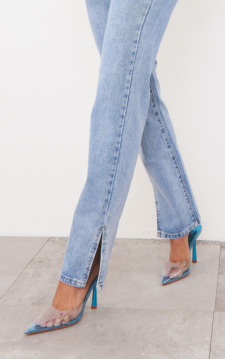 Light Blue Wash Long Leg Split Hem Jeans | PrettyLittleThing US