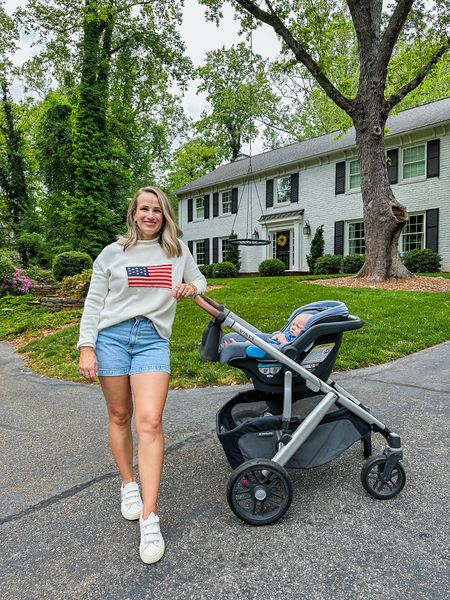 American flag sweater on repeat this spring and summer. Runs TTS— wearing an XS. Fit is lightweight and easy to layer. My jean shorts are also on repeat! Size 27.

#LTKSeasonal #LTKstyletip #LTKbaby