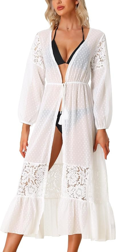 Allegra K Women's Beach Cover Up Chiffon Lace Cardigan Bikini Swimsuit Coverup Long Flowy Beachwe... | Amazon (US)