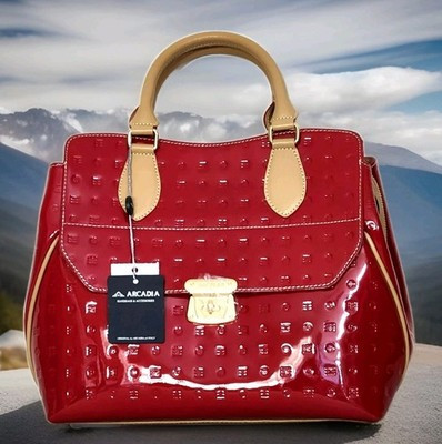 🌞ARCADIA ITALIAN DESIGNER RED PATENT TAN LEATHER FRONT POCKET SATCHEL BAG🌺NWT! | eBay US