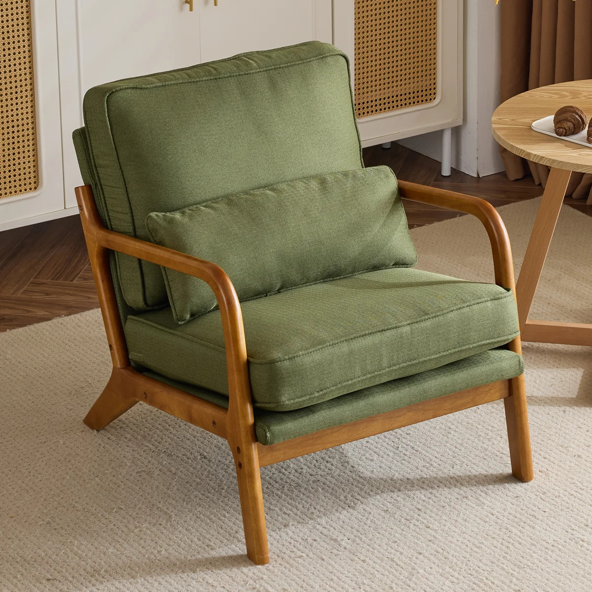 Lemley Mid Century Solid Wood Accent Chair Upholstered Armchair with an Extra Pillow | Wayfair North America