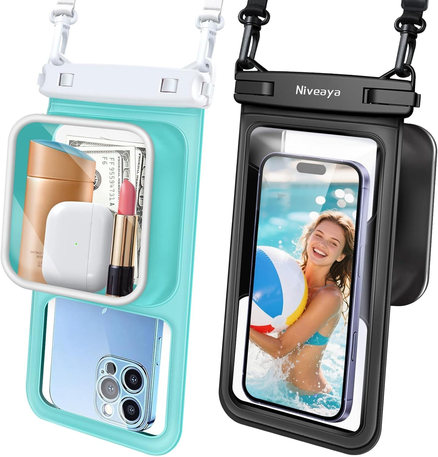 Niveaya - 2 Pack IPX8 Waterproof Cell Phone Pouch Case, Large Space, Floating, with Lanyard, Dry Bag Beach Cruise Ship Essentials - Black, Green | Best Buy U.S.
