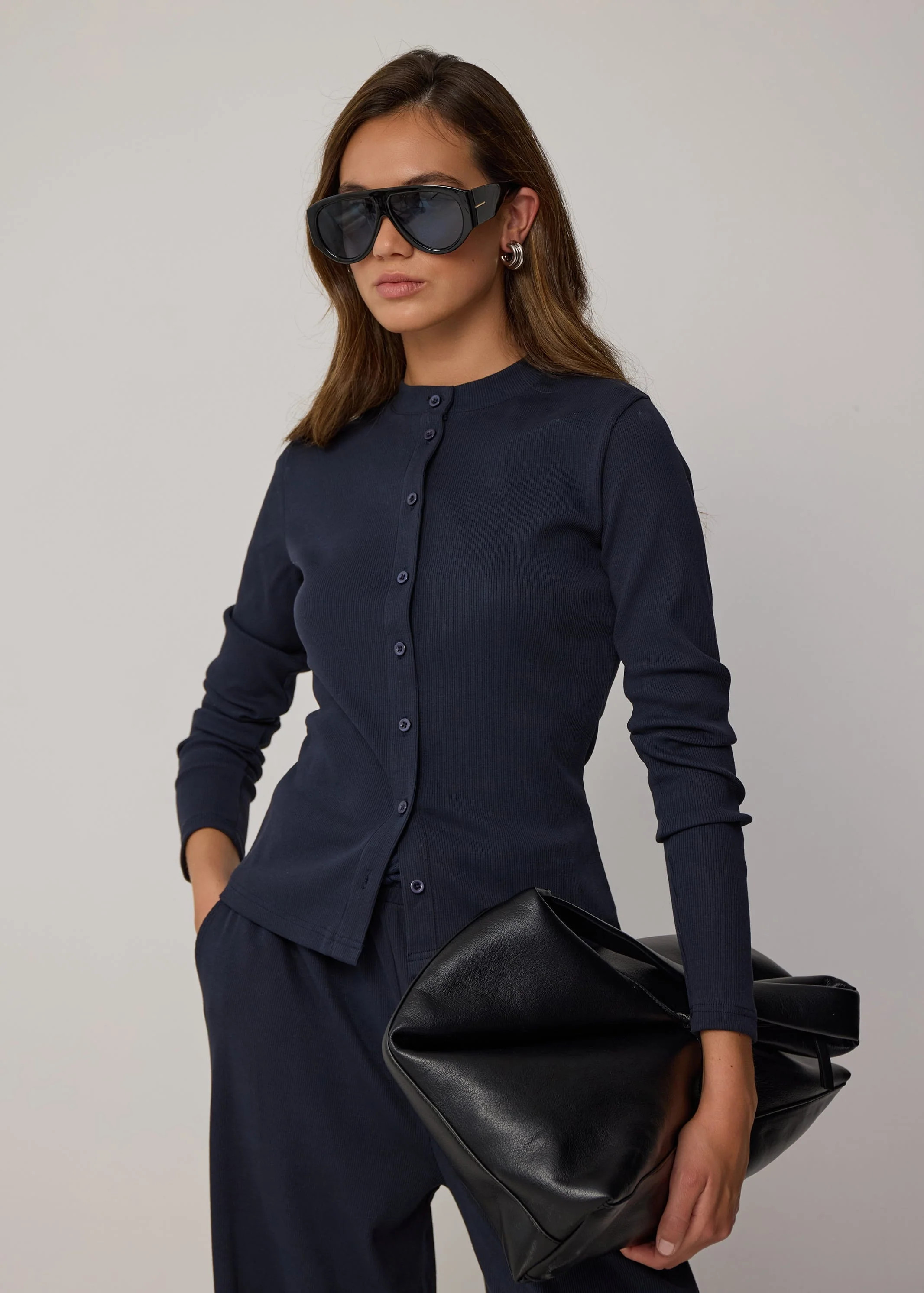 LONG SLEEVE RIBBED TOP - NAVY | WAT The Brand