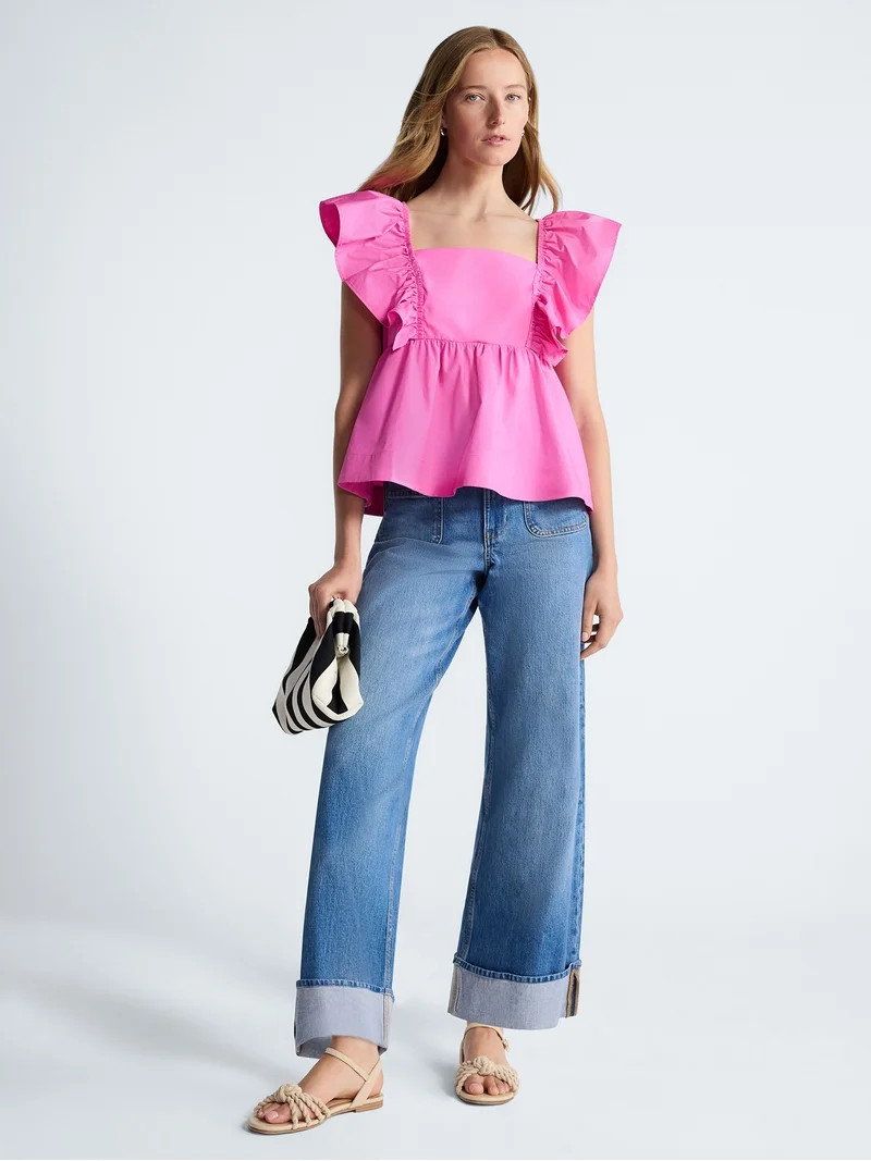 Free Assembly Women's Square Neck Cotton Top with Flutter Sleeves, Sizes XS-XXL | Walmart (US)