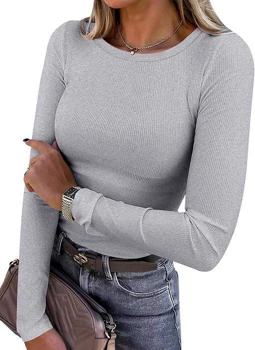ANRABESS Women Long Sleeve Shirts Ribbed Fitted Tops | Amazon (US)