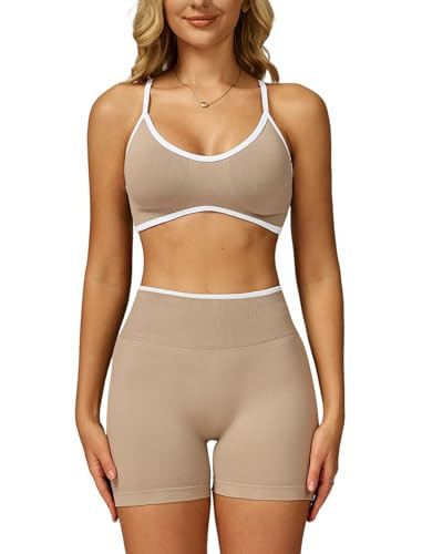 Two Piece Workout Sets for Women Cami Straps Color Block Back Sports Bra Matching High Waist Booty Lifting Biker Shorts 2 Piece Gym Yoga Active Wear Outfits Womens Athletic Work Out Seamless Brown S | Amazon (US)