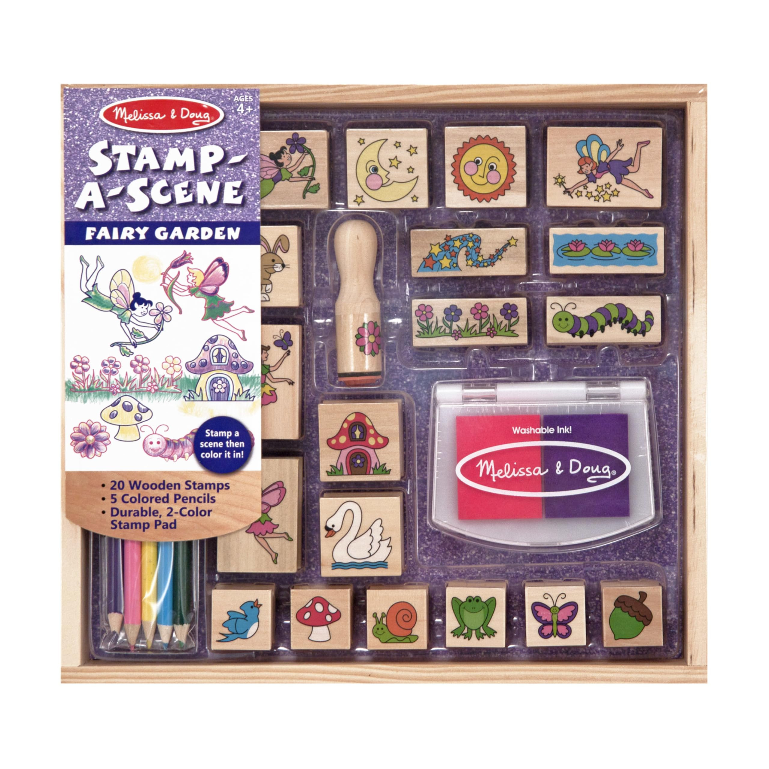 Melissa & Doug Stamp-a-Scene Stamp Pad: Fairy Garden - 20 Wooden Stamps, 5 Colored Pencils, and 2... | Amazon (US)
