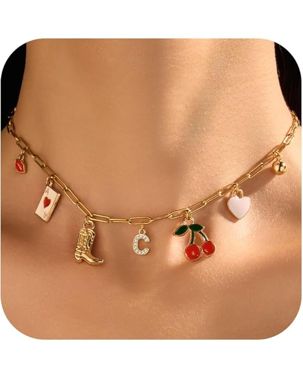 Gold Charm Necklace Beach Vacation Essentials Gold Initial Charms Pendant Boho Western Jewelry Su... | Amazon (US)