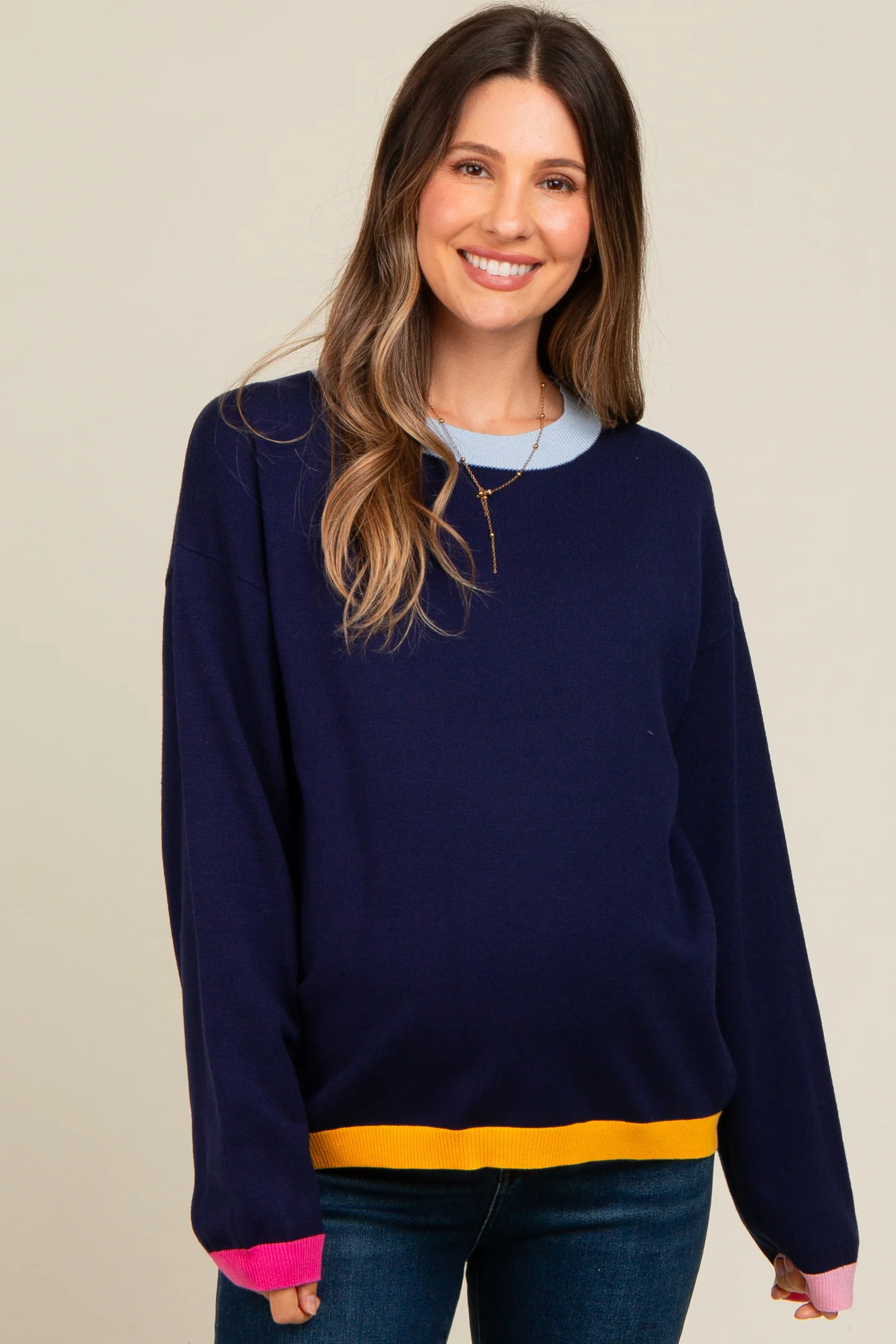 Navy Blue Colorblock Trim Maternity Sweater | PinkBlush Maternity