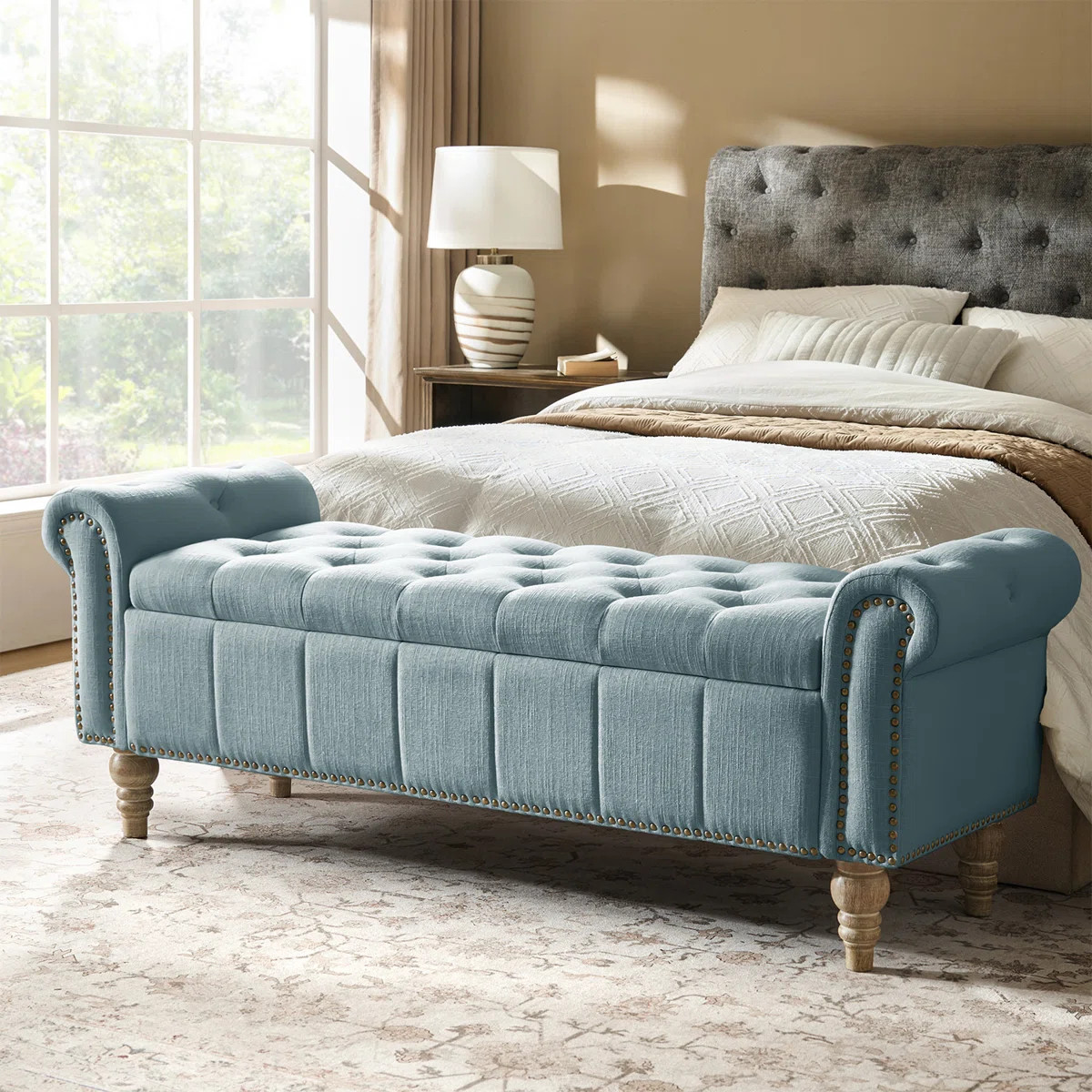 Georgia 58.5'' W  Traditional Classic Storage Bench with Solid Wood Legs and Nailhead Trim | Wayfair North America