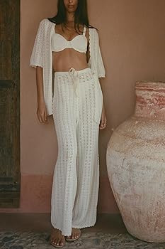 Imily Bela Women's Summer 2 Piece Swimsuit Cover up Crochet Knit Cardigan Tops Long Pants Set Bat... | Amazon (US)