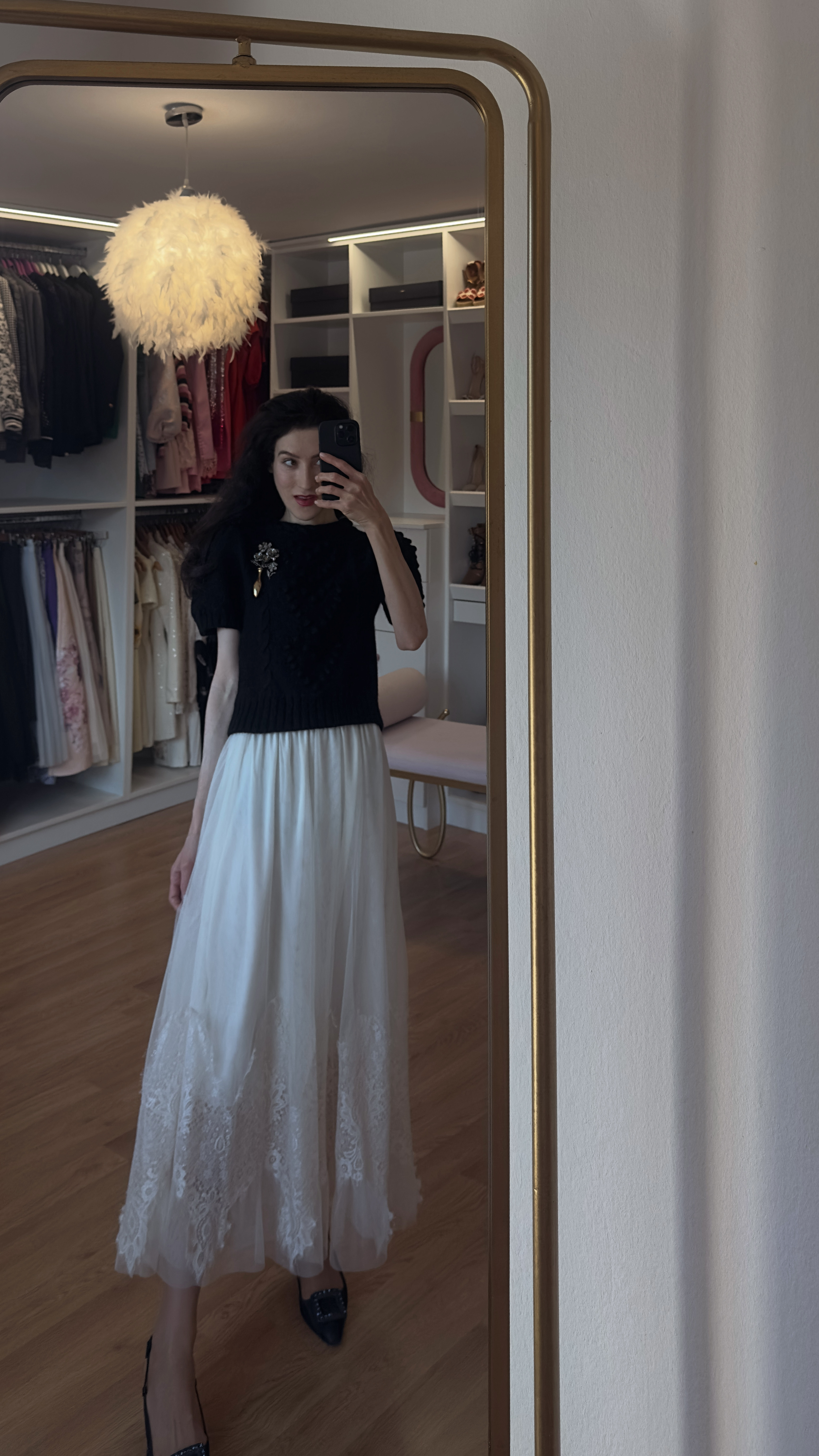 white tulle lace skirt, black sweater tulle skirt, romantic spring outfit, black and white outfit, brooch styling, elegant tulle skirt outfit, short sleeve black sweater, feminine spring style, sophisticated romantic look, summer church outfit, elegance, spring special occasion, refined romantic style, modern ballet aesthetic, elegant spring fashion, sophisticated styling, contemporary romance, spring dressy casual 

 #LTKNYFW #LTKootd #LTKSeasonal