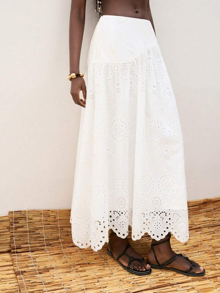 Maija 2025 Summer New Women Skirt, Beach Holiday Music Festival Mother's Day, Modern Elegant Beach Resort Vacation Women Outfit, Office Commute Casual Simple Versatile, Embroidery Hollow Bodycon Flared Hem Mixed Material Wavy Hem Full White Color Holiday Boho Graduation Women Skirt | SHEIN