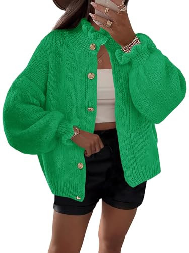 Saodimallsu Womens Ruffle Cardigan Oversized Button Up Fall Trendy Ribbed Knit Open Front Long Sleeve Loose Cute Sweater Green | Amazon (US)