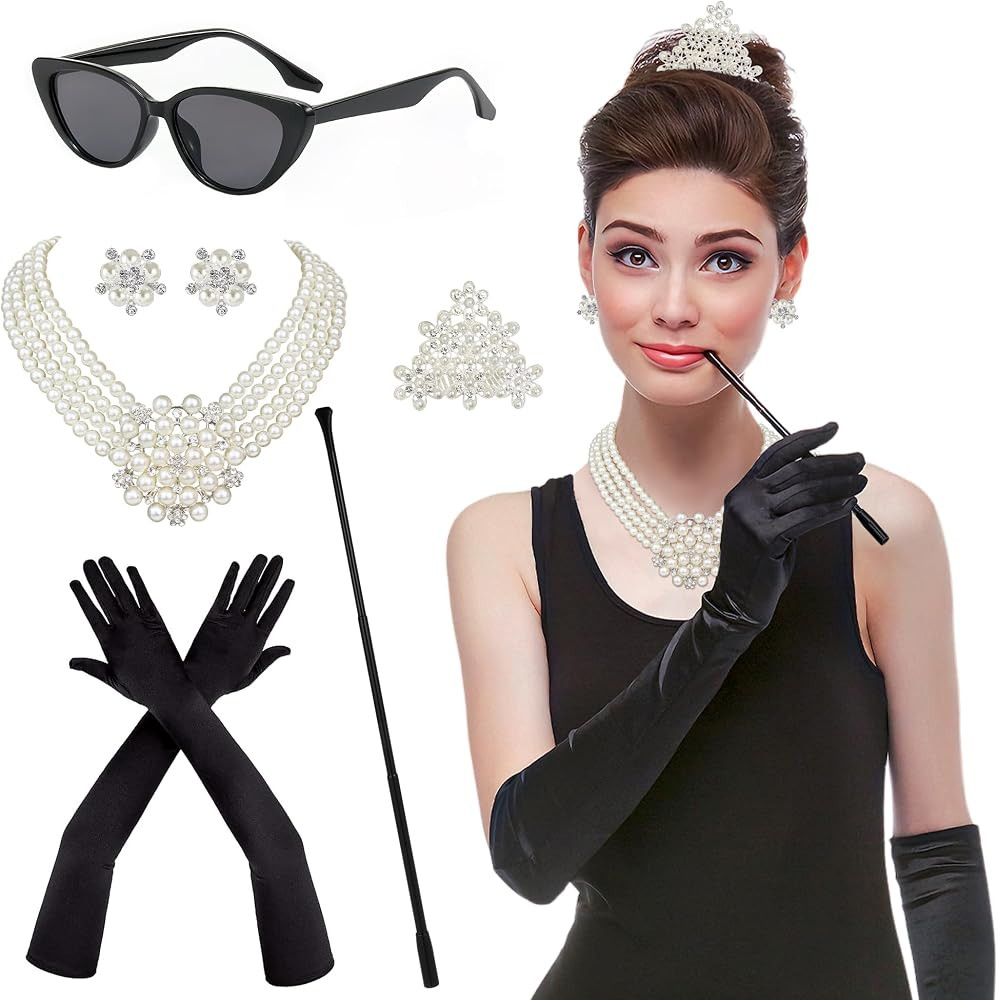 6PCS 1920s Accessories, Holly Golightly Costume 20s Accessories Pearl Necklace Earrings Gloves Su... | Amazon (US)