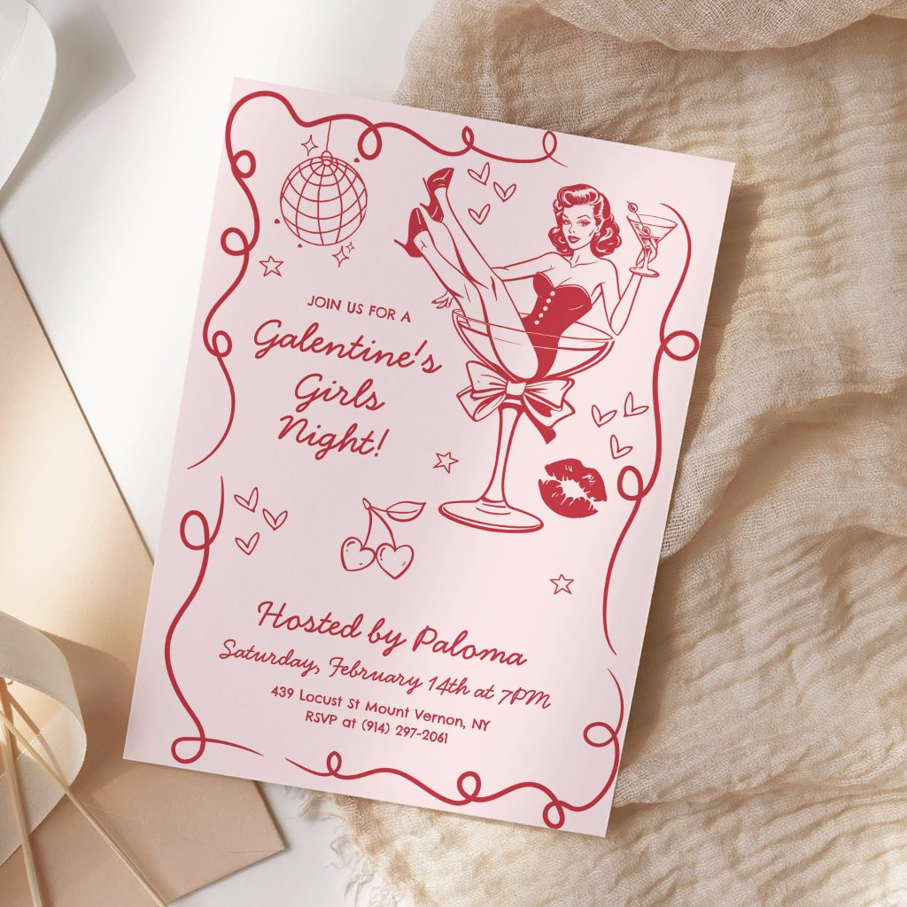 Galentines Girls Night Party Hand Drawn Pink | Zazzle