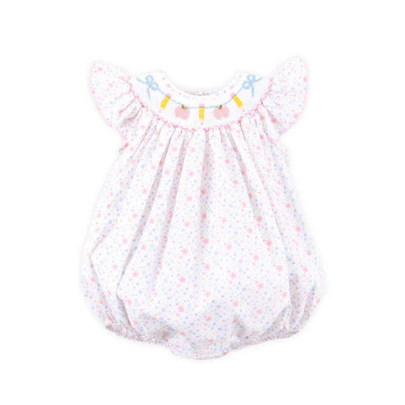 Pink Apple & Pencil Floral Smocked Bubble | Classic Whimsy