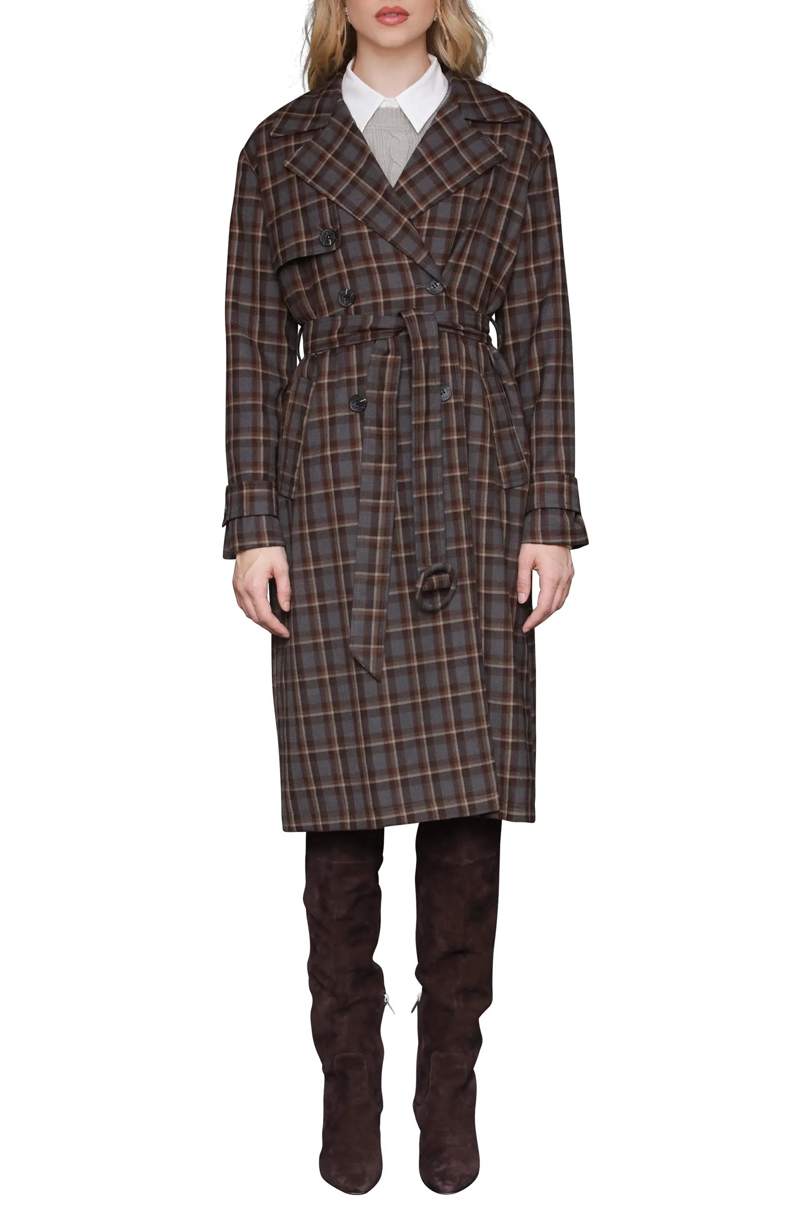 Avec Les Filles Plaid Button Back Belted Trench Coat | Nordstrom | Nordstrom