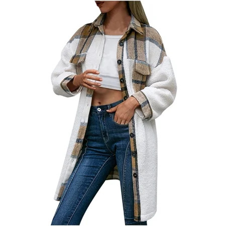 Womens Coat Ladies Plaid Long Trench Coat Sherpa Fleece Shacket Jacket Collared Checked Flannel Shac | Walmart (US)