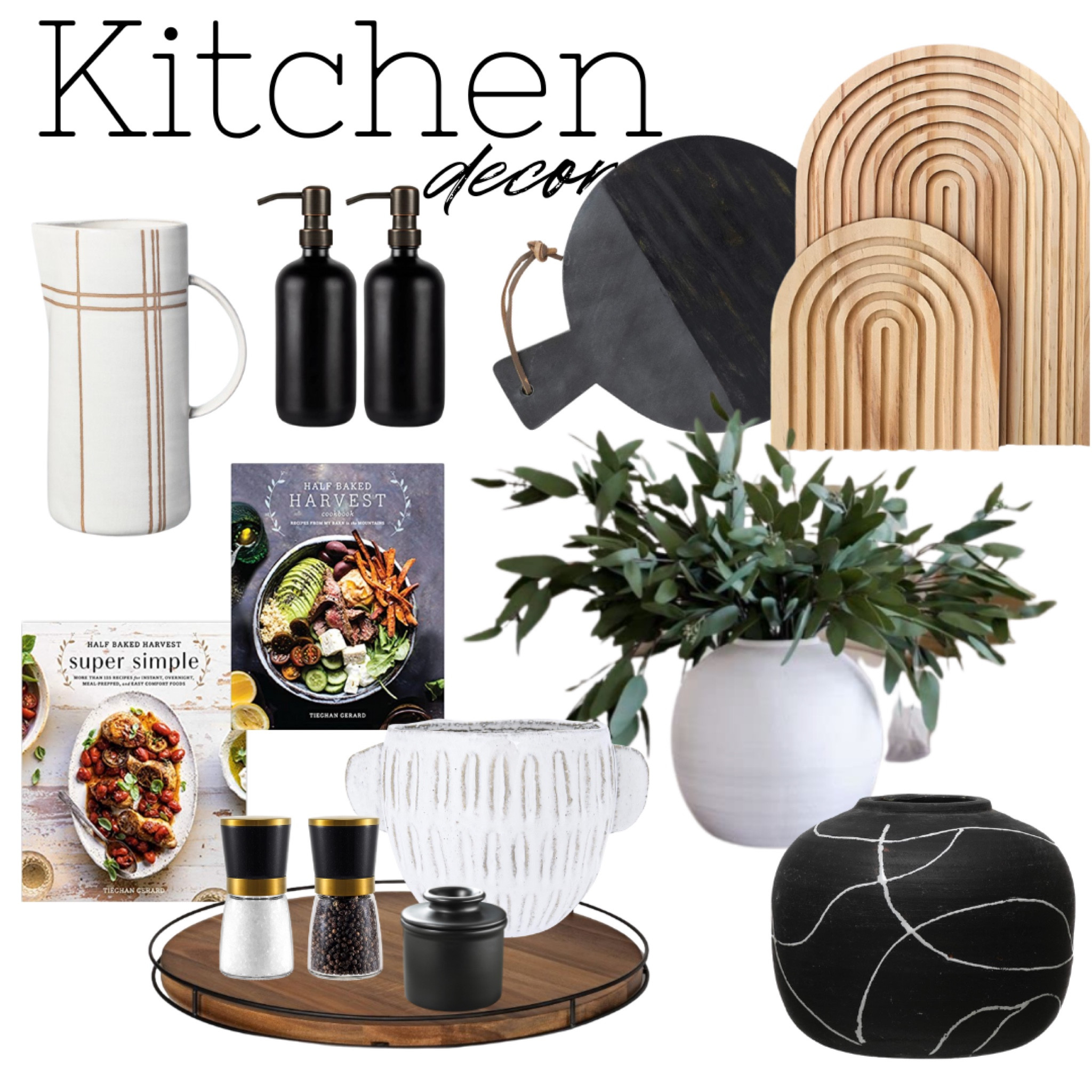 Black cutting board. Kitchen decor. Black vase. Cook books. Plaid pitcher. Black soap dispenser. Salt and pepper grinder. Butter bell. Serving tray  

#LTKunder50 #LTKFind #LTKhome