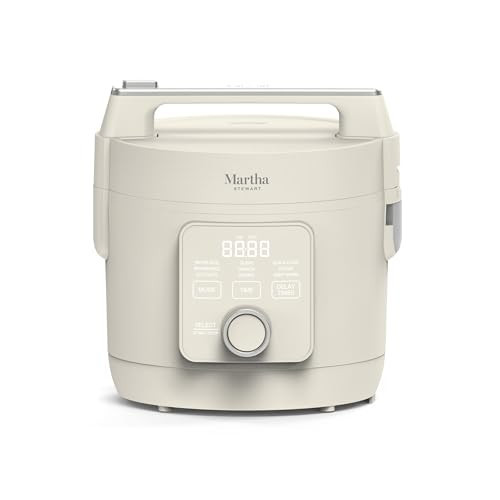 Martha Stewart Rice Cooker, 4 Cup (Uncooked) / 8 Cup (Cooked), Ceramic Non-Stick Removable Pot, Keep Warm, Measure Markings, Steam Basket, Brown & Sushi Rice, Quick Cook, Quinoa, Grains, Oats, Linen White | Amazon (US)