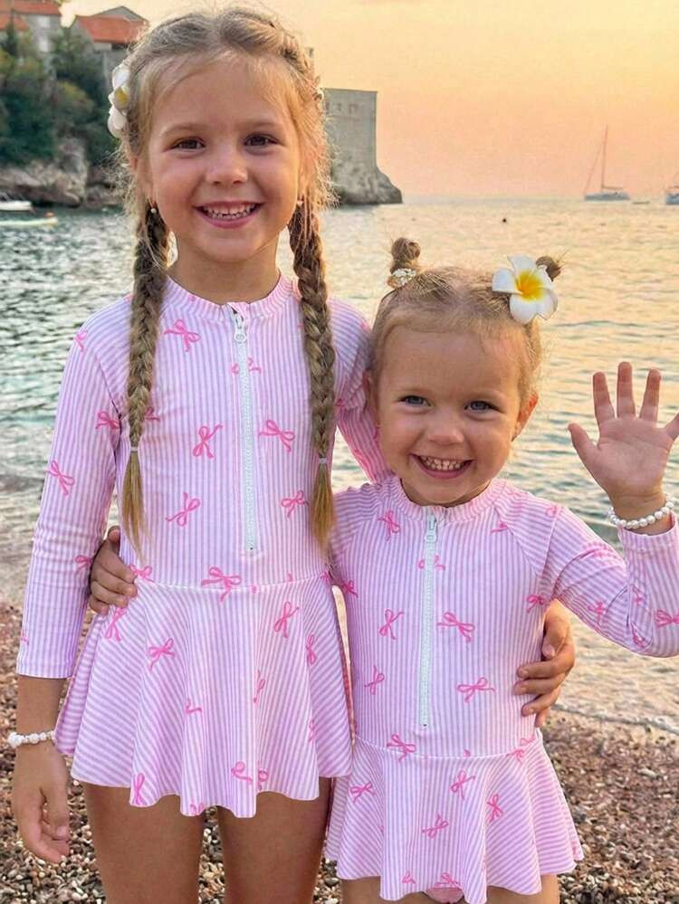 Emery Rose Kids Emery Rose Kids Young Girls' Bowknot And Striped Print Zipper Long Sleeve One-Pie... | SHEIN